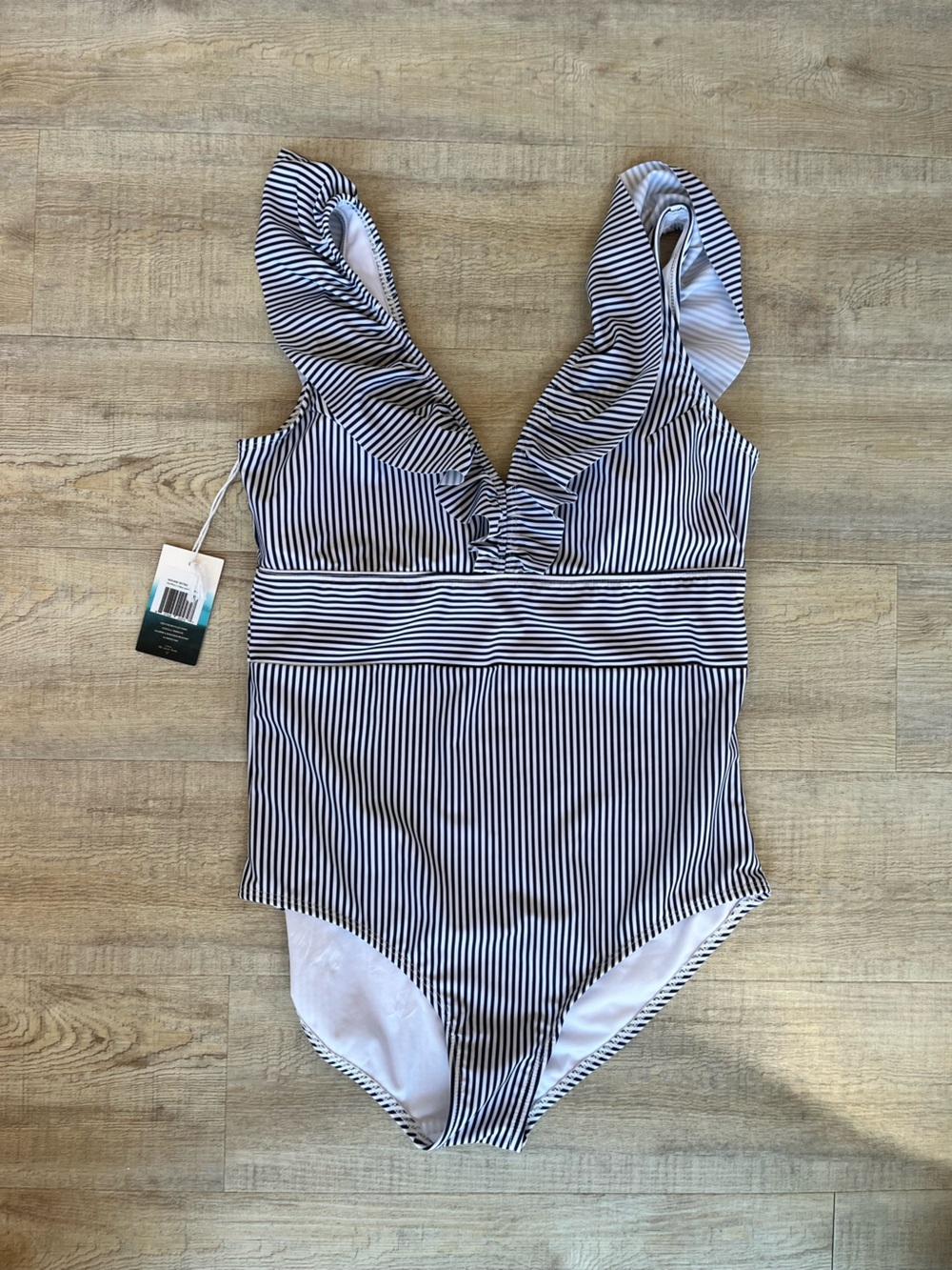 Aava Navy and White Striped V-Neck One-Piece Swimsuit